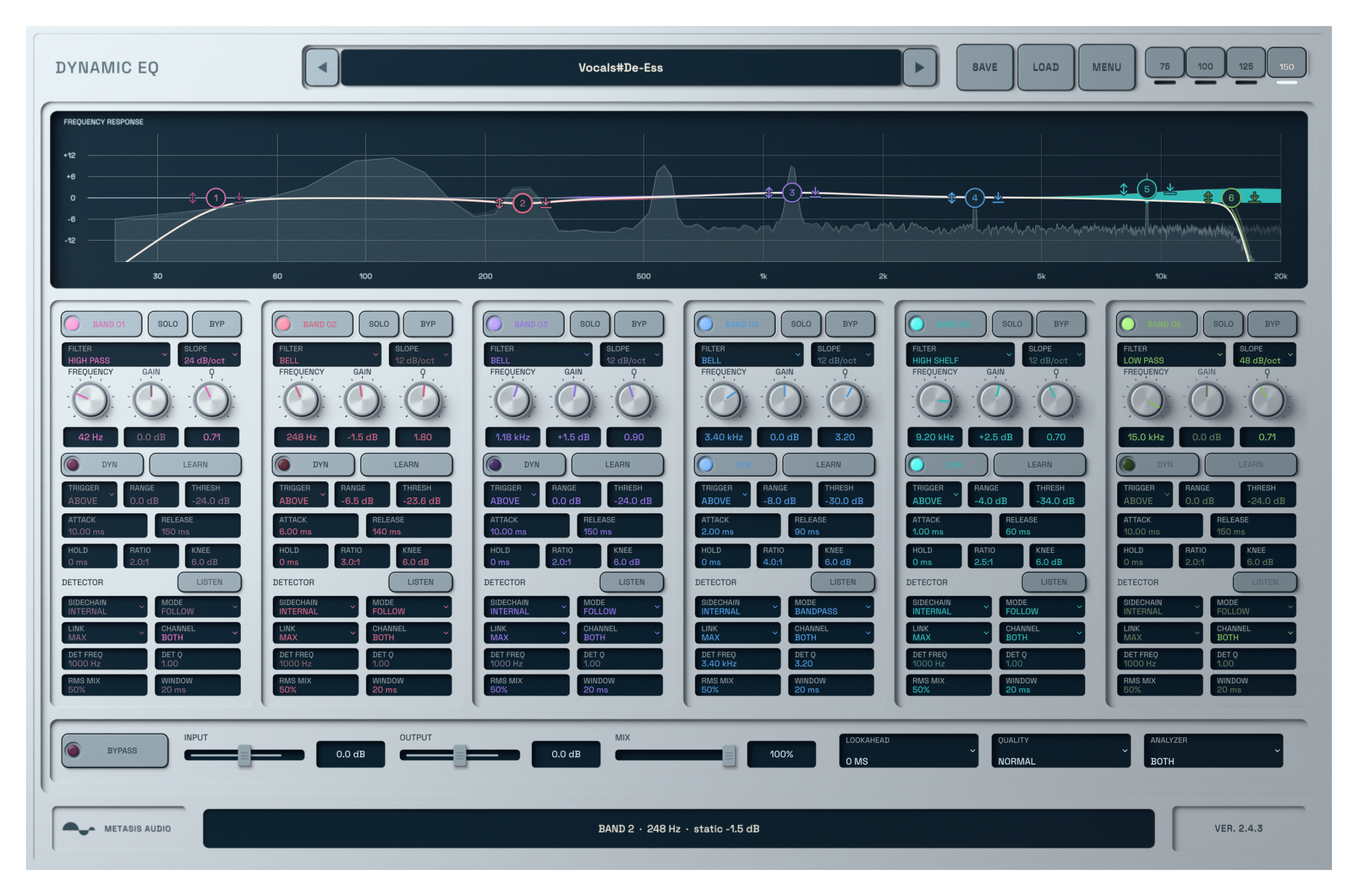 Dynamic EQ active six-band equalizer interface processing audio