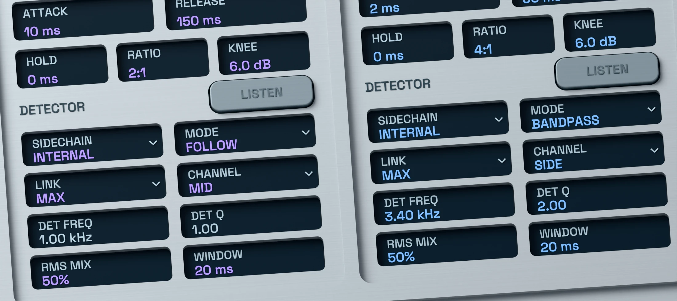 Dynamic EQ 3D close-up showing active mid-side and channel routing controls