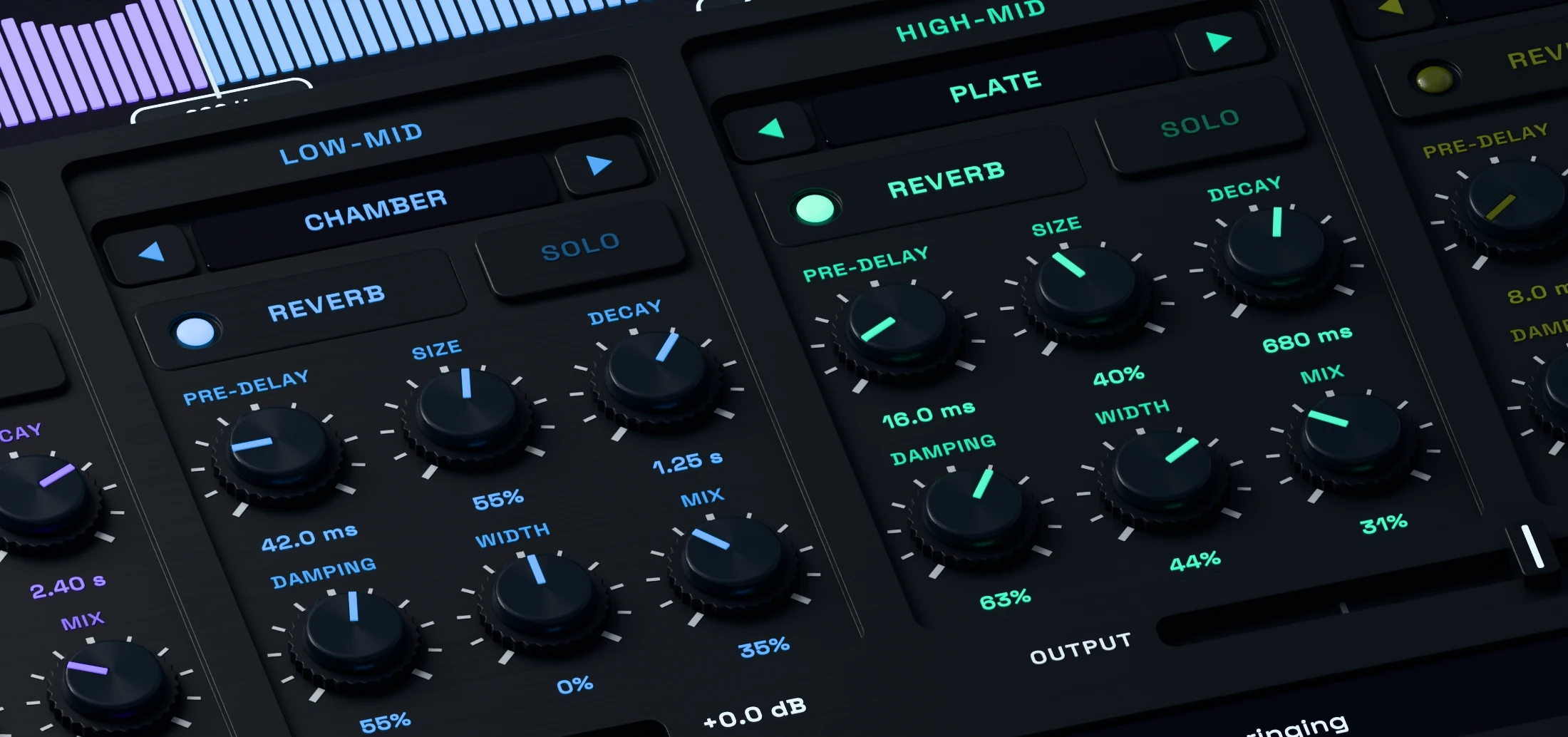 Multiband Reverb 3D close-up showing decay, pre-delay, damping and width controls