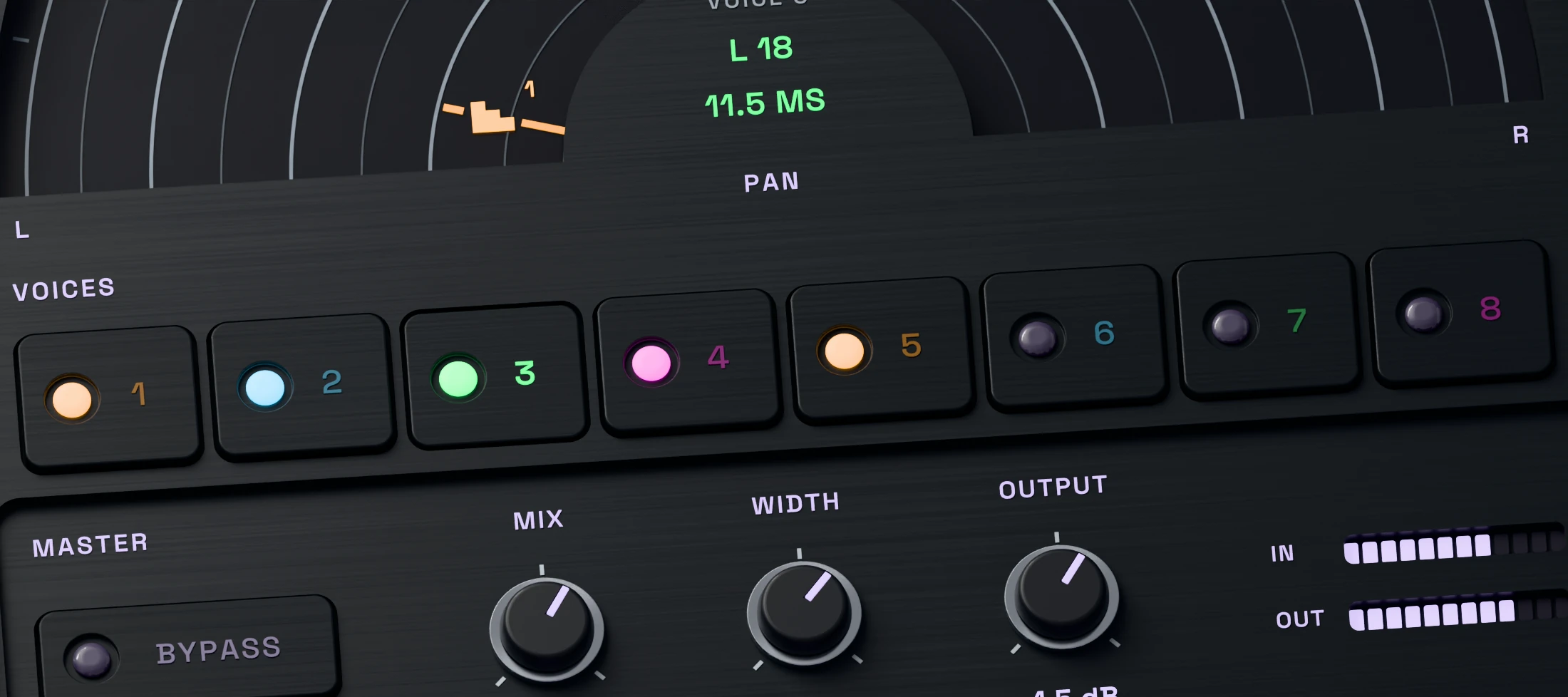 Poly Engine Chorus 3D close-up showing eight illuminated independent voice controls