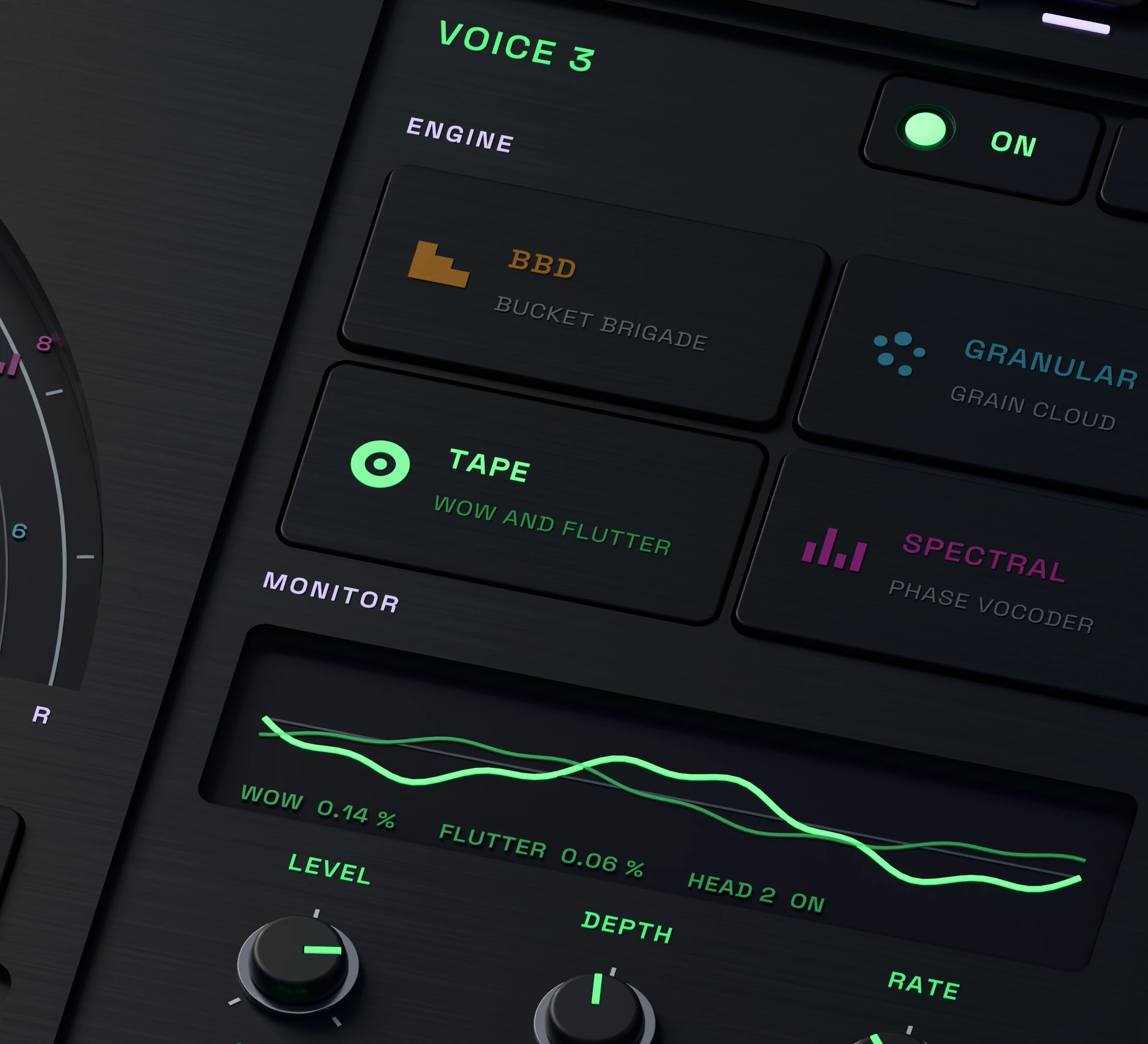 Poly Engine Chorus 3D detail showing BBD, Tape, Granular and Spectral engine choices