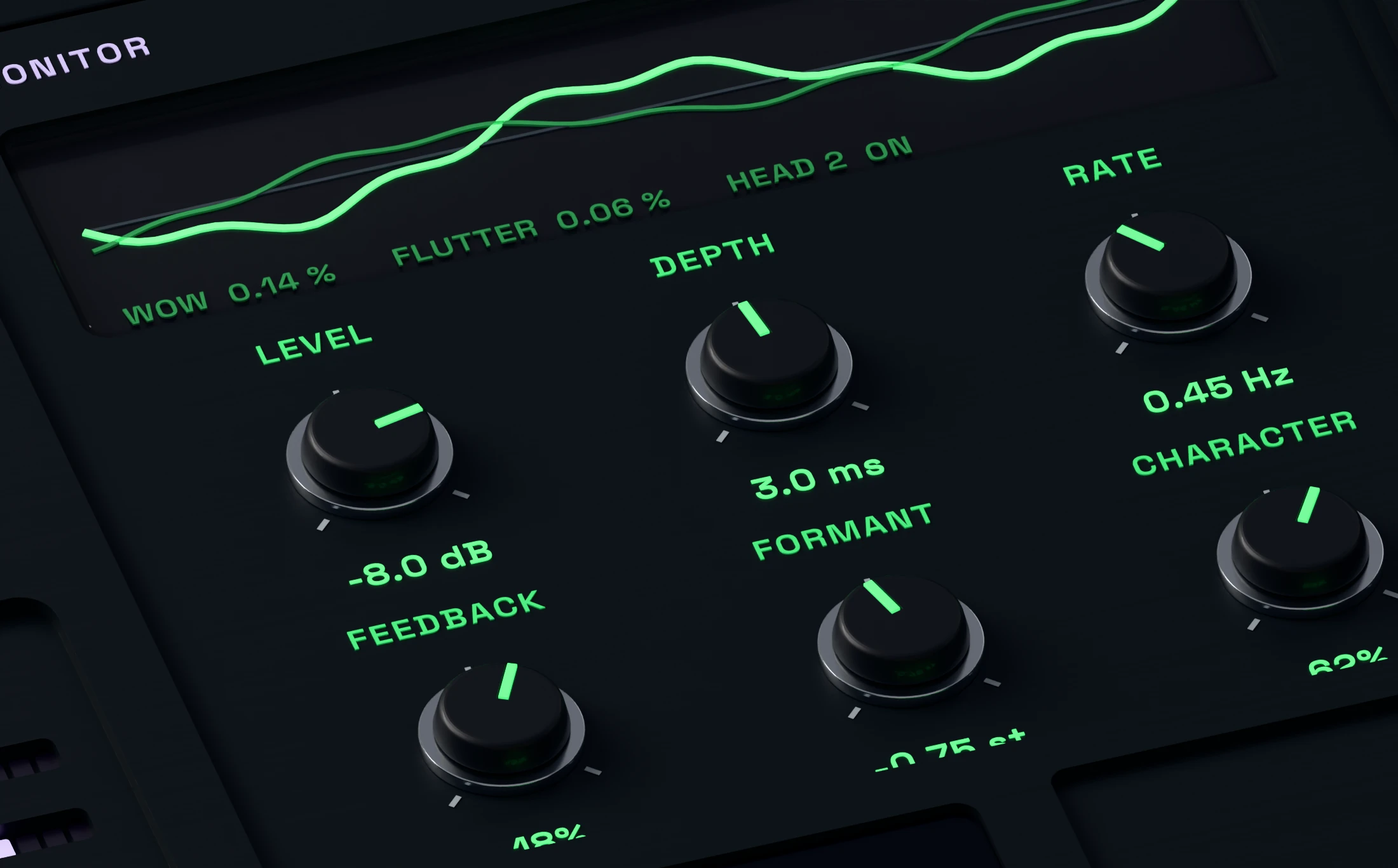 Poly Engine Chorus 3D detail showing active depth, rate, delay and feedback controls