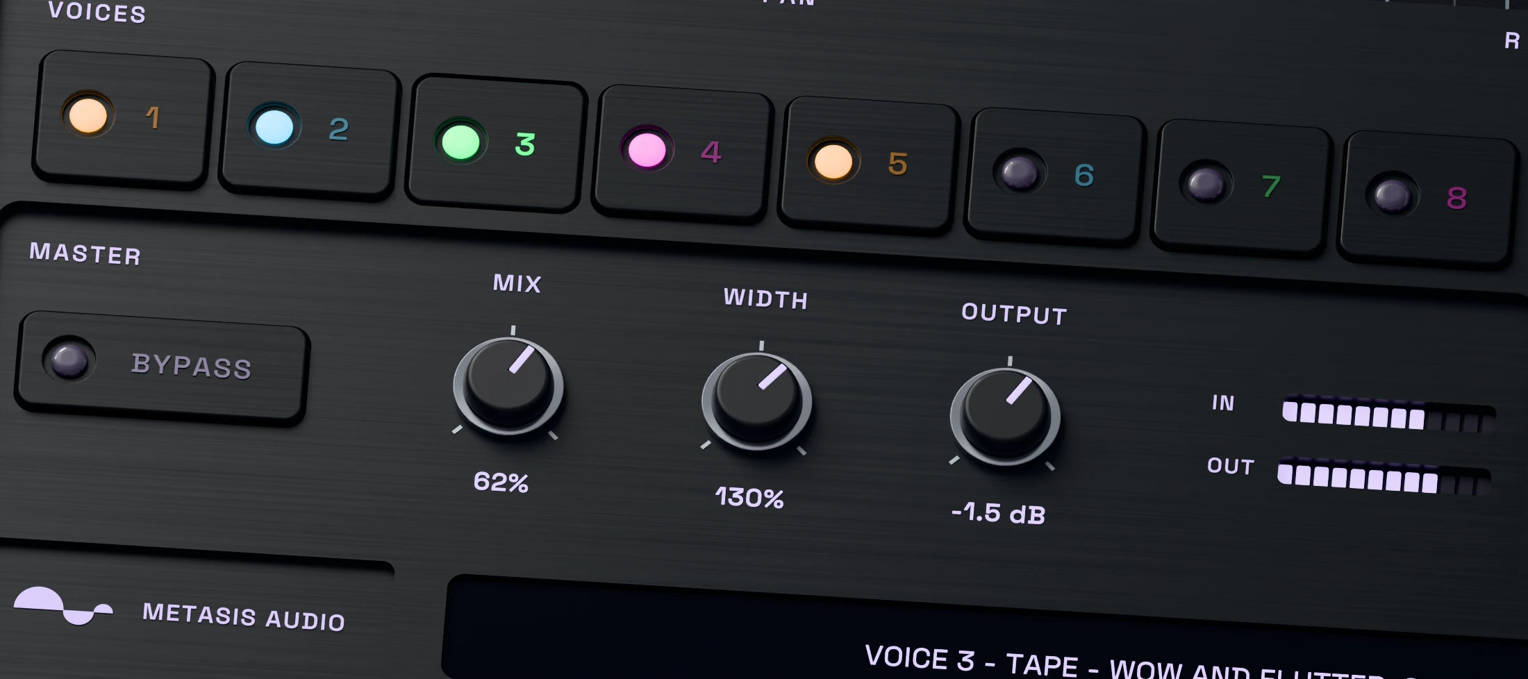 Poly Engine Chorus 3D close-up showing the active master Mix, Width and Output section