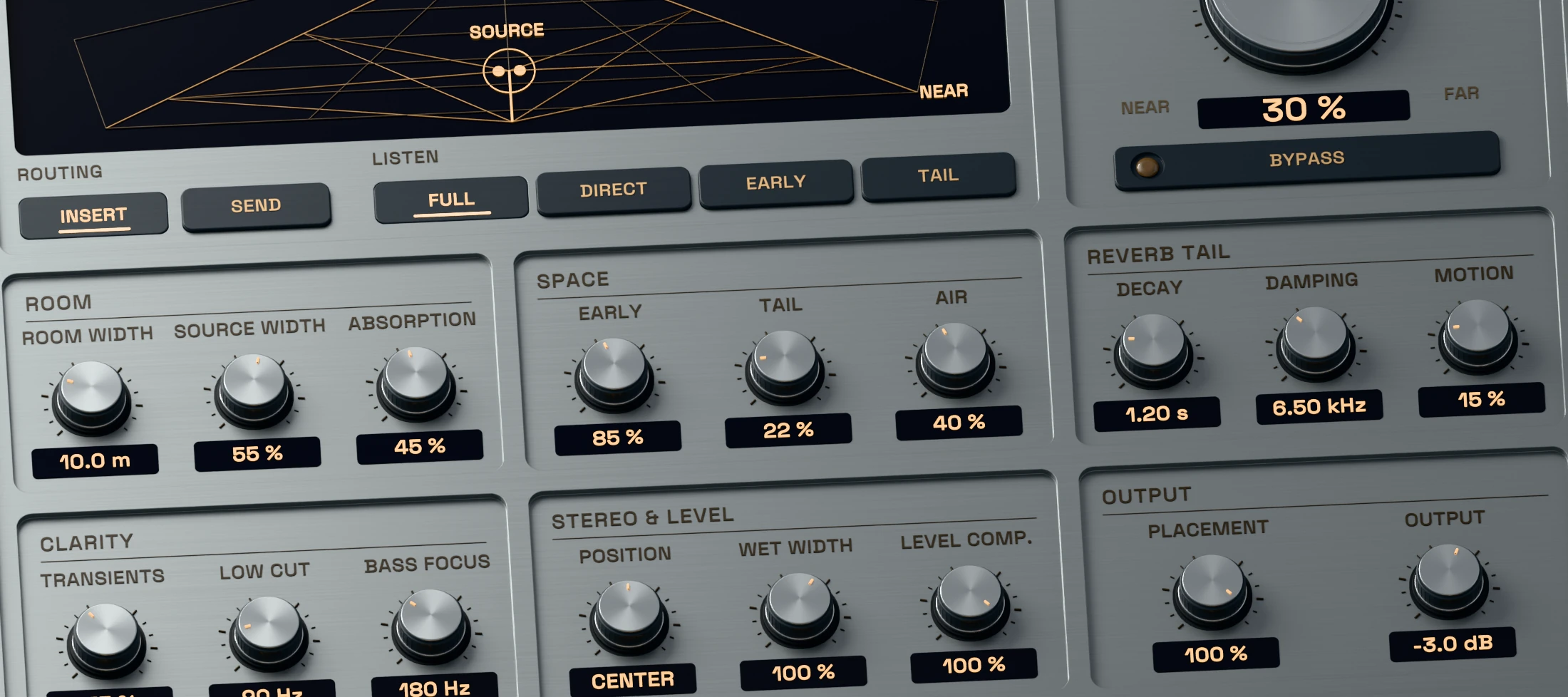 Receda 3D close-up showing separate active early reflection and late reverb controls