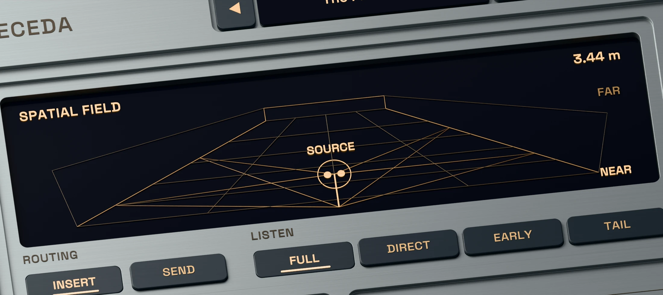 Receda 3D render showing the active Depth, Position and Source Width controls
