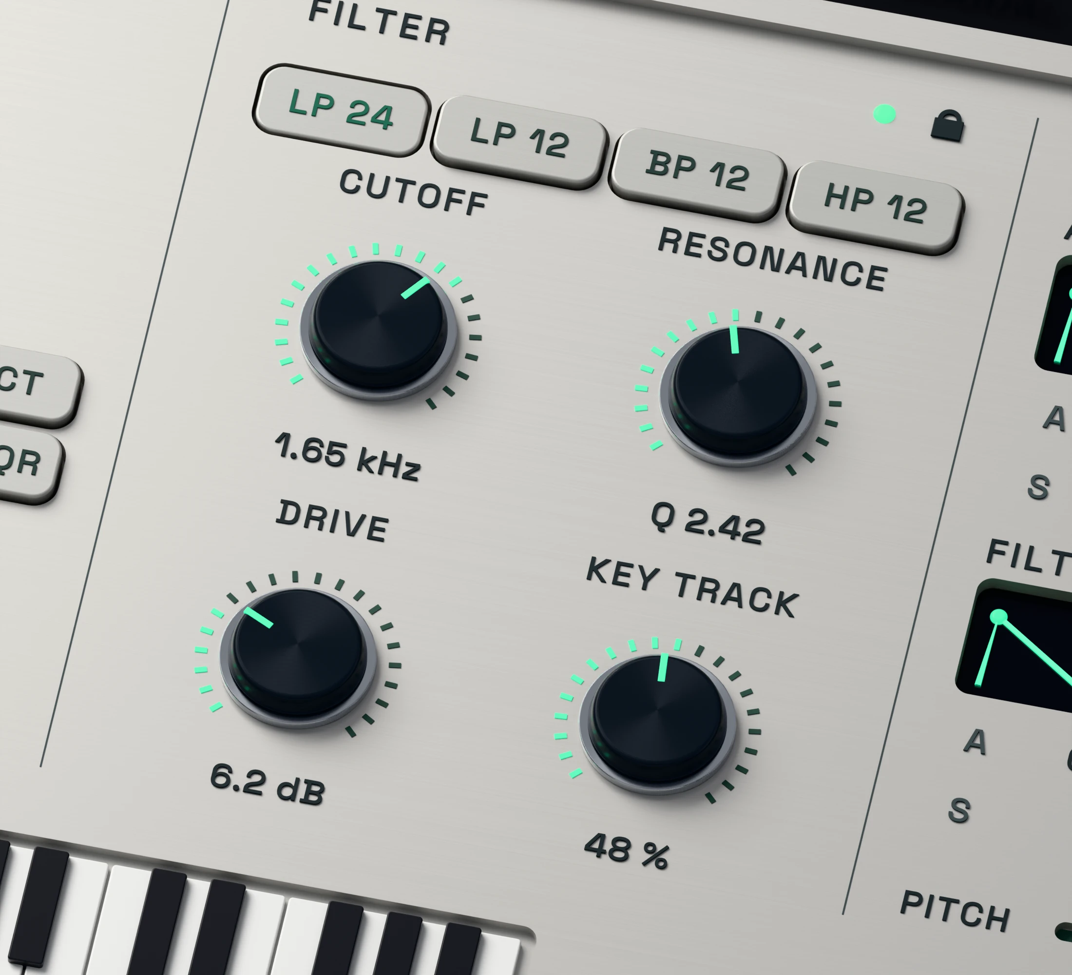 RETRACE 3D close-up showing the active filter cutoff and resonance controls