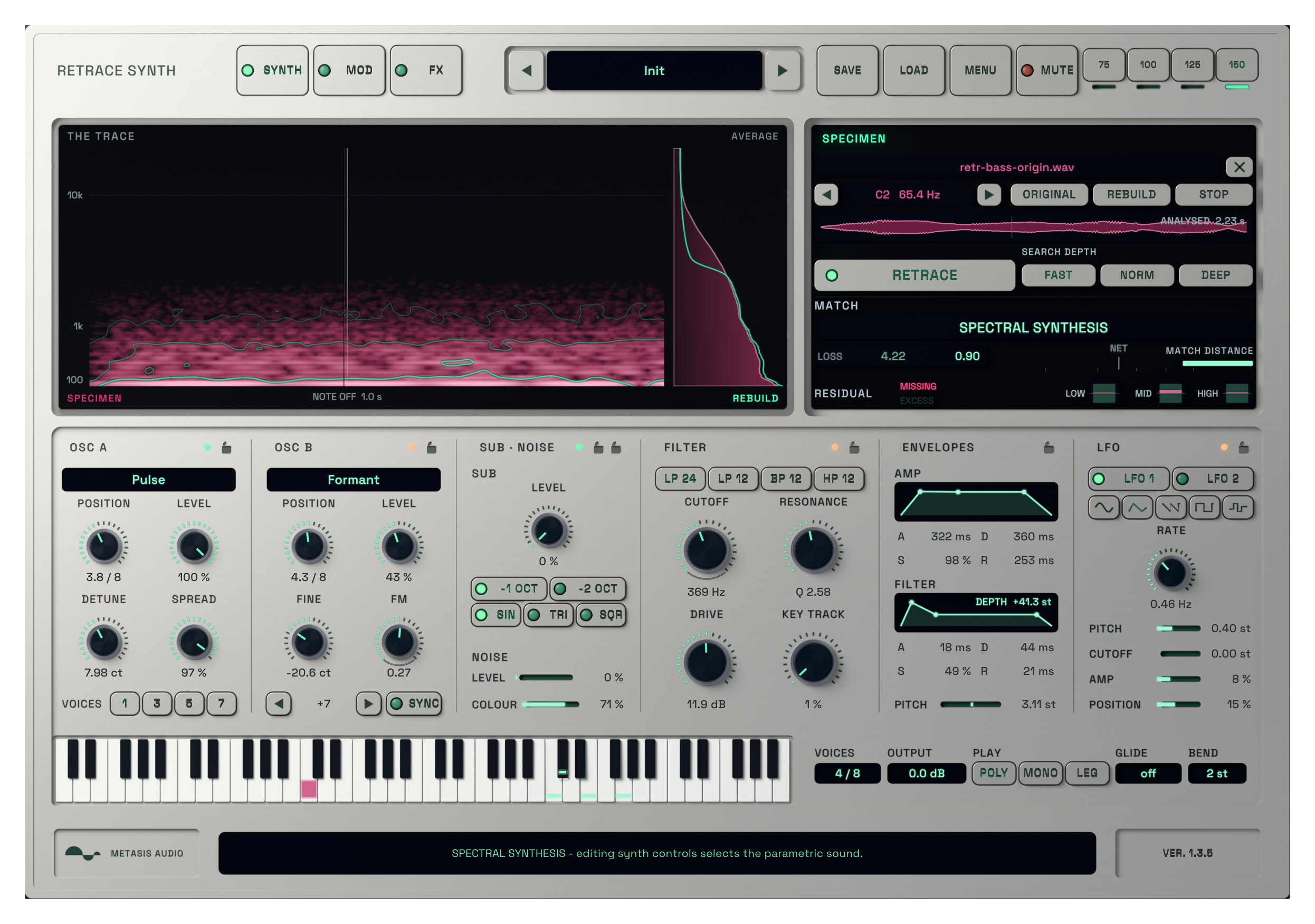 RETRACE analysing a reference sound with four active synth voices