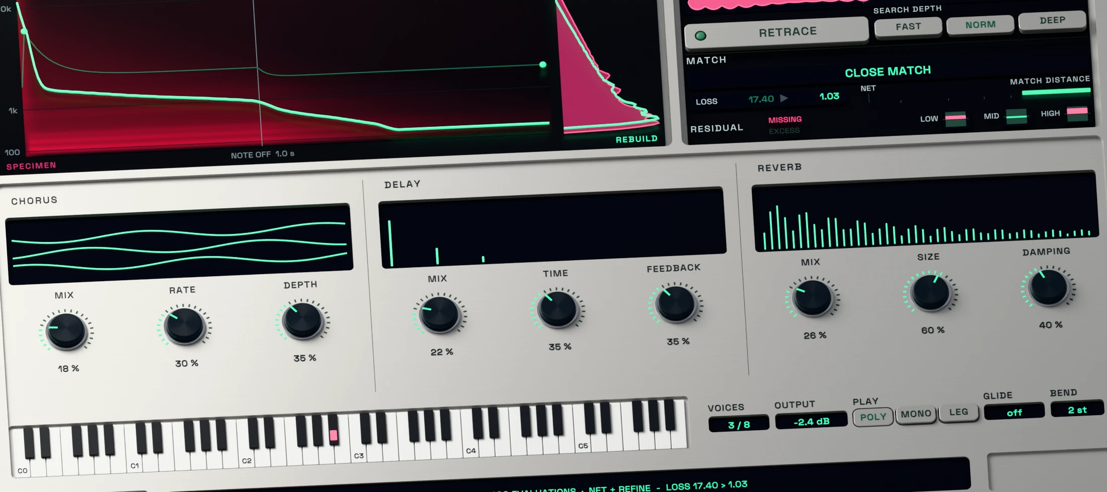 RETRACE 3D detail showing active envelopes, modulation, chorus, delay and reverb