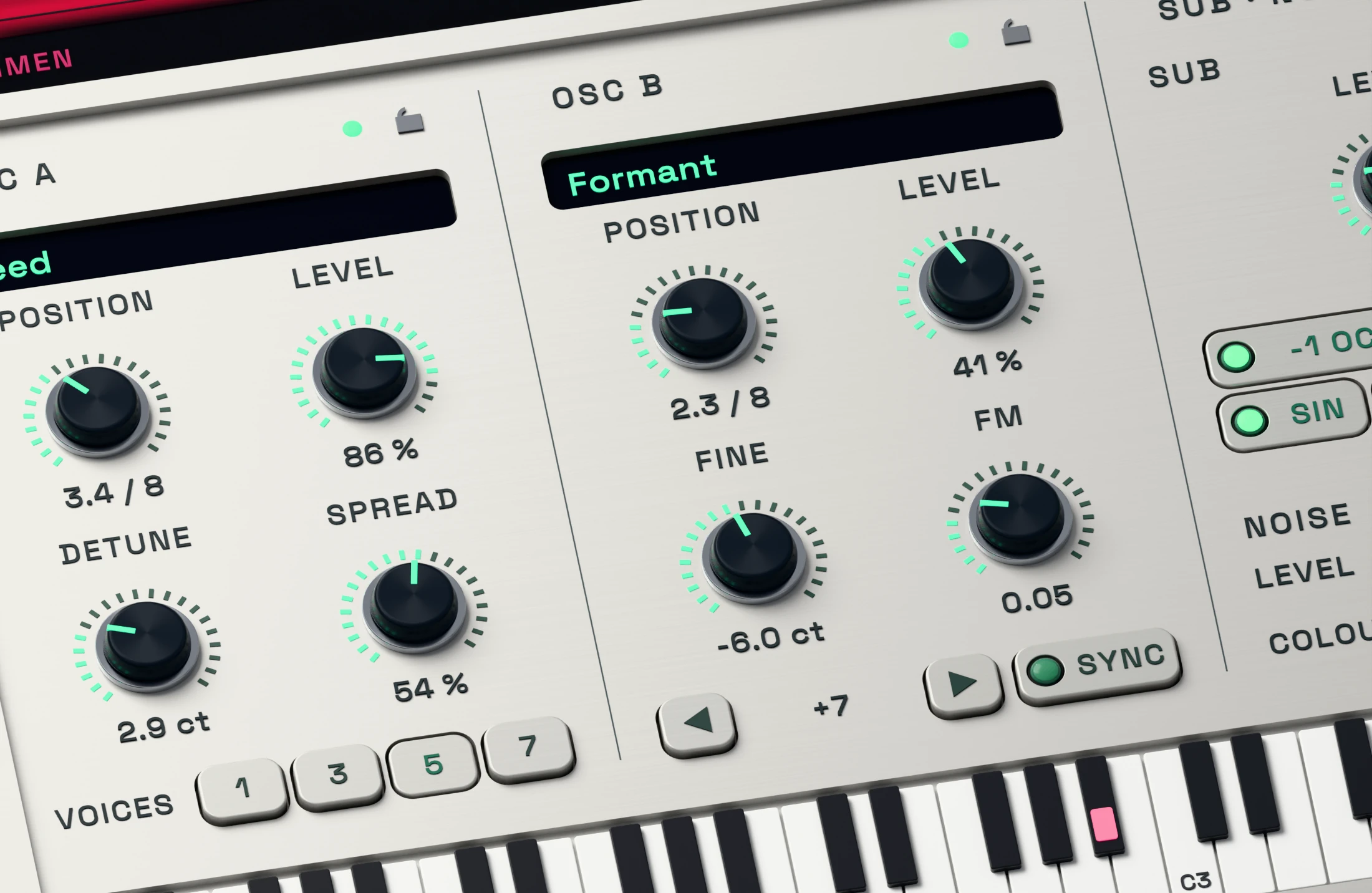 RETRACE 3D detail showing two active wavetable oscillators, sub, noise, FM and sync