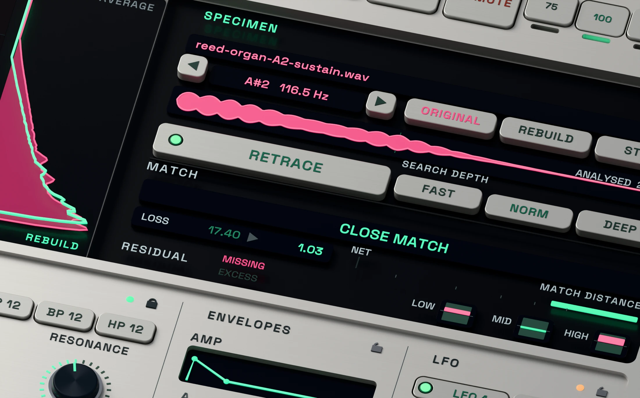 RETRACE 3D close-up showing active Original, Rebuild and match comparison controls