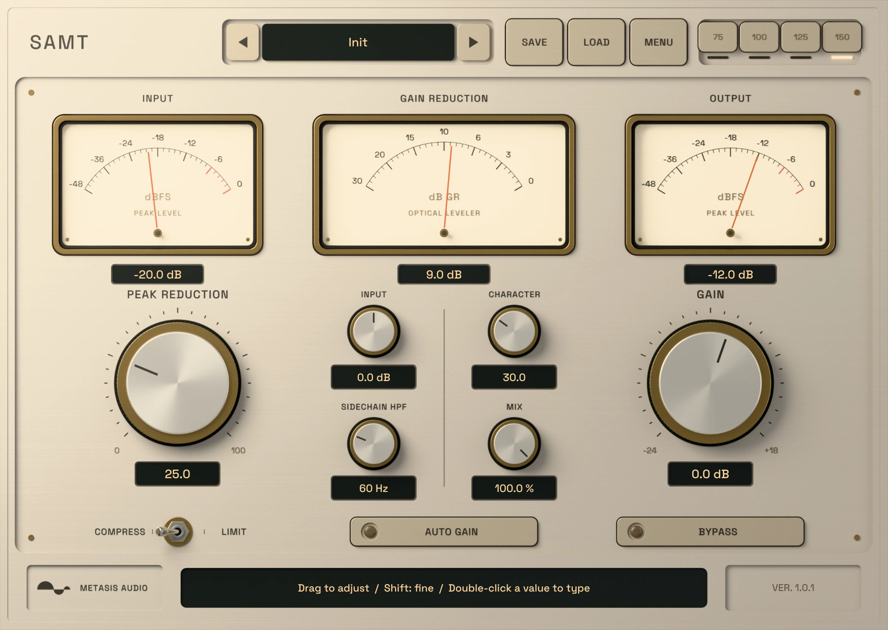 SAMT optical compressor interface with input, gain reduction and output meters, Peak Reduction, Character, Mix and Auto Gain controls