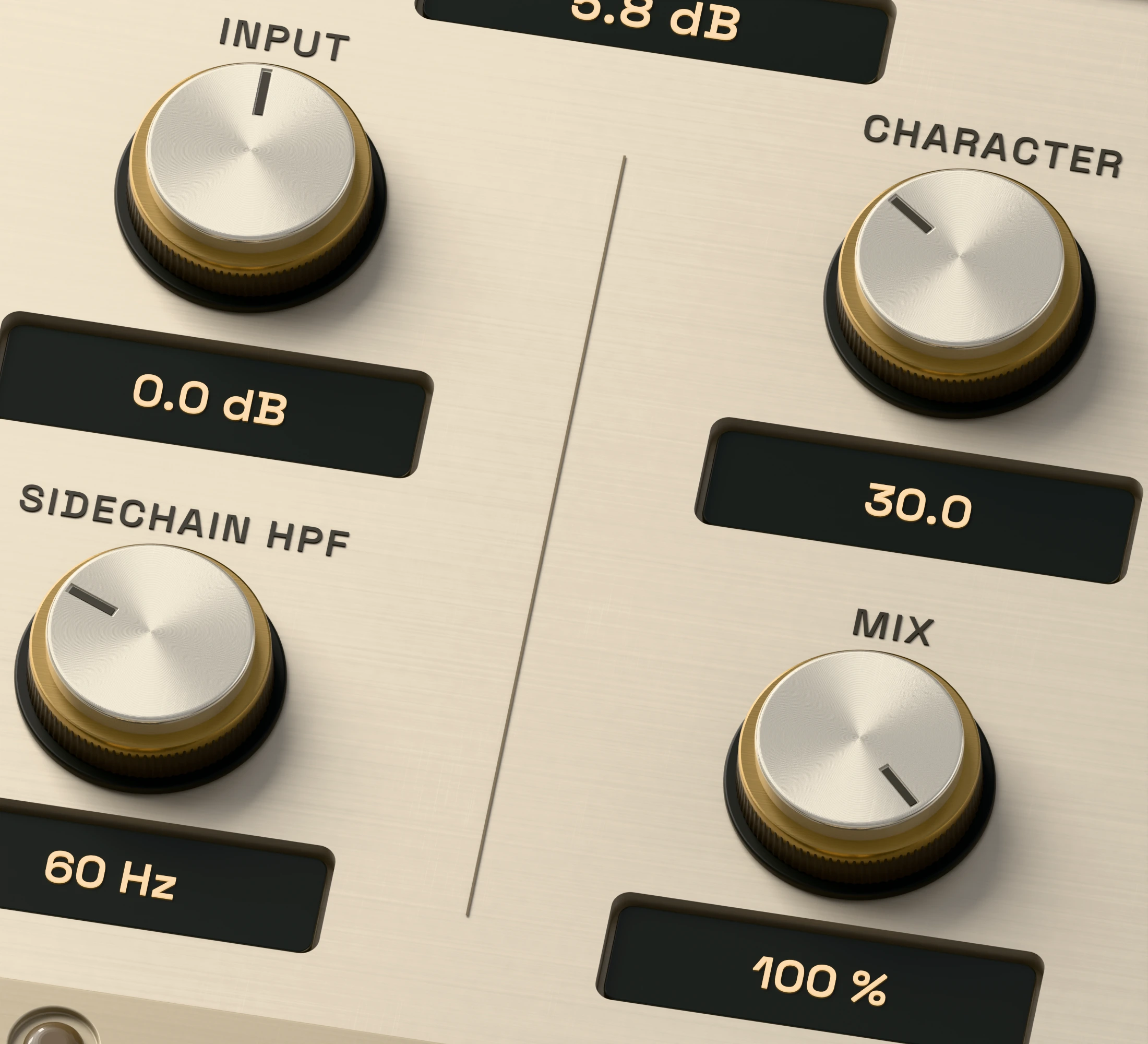 SAMT 3D close-up of the Input and Character controls on its champagne metal panel