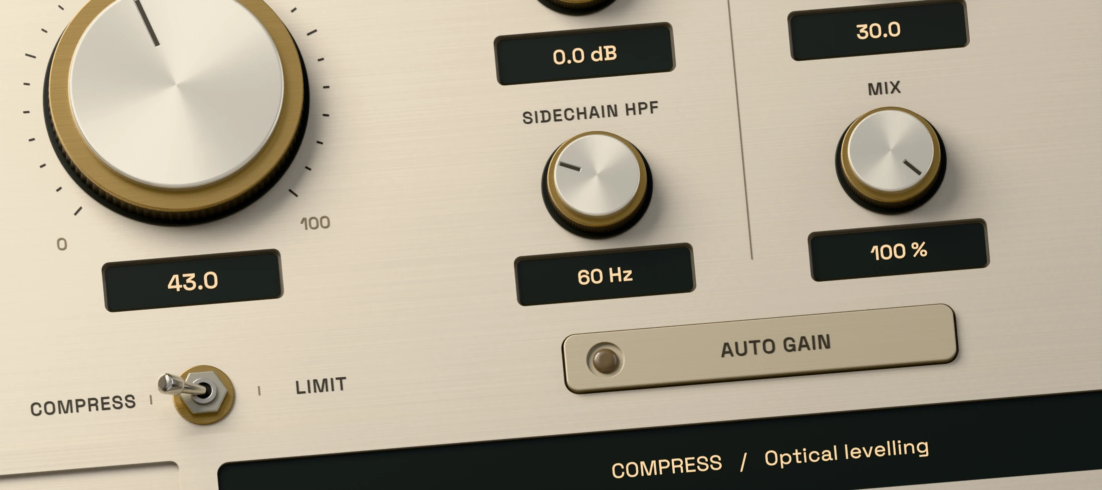 SAMT 3D close-up of the Compress Limit toggle and Auto Gain button